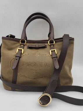 PRADAJacquard Logo Tote Corda Bruciato Bag. Authentic !!